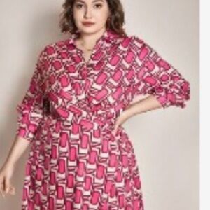 Pink Geometric Print Wrap Hem Dress